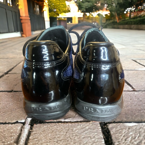Authentic Prada Men's Blue Velvet and Black Patent Leather Lace Up Running Shoes - Picture 5 of 12